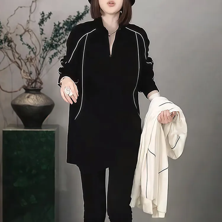 美式半拉链卫衣女秋季潮牌拼接条纹立领上衣复古高街百搭休闲外套