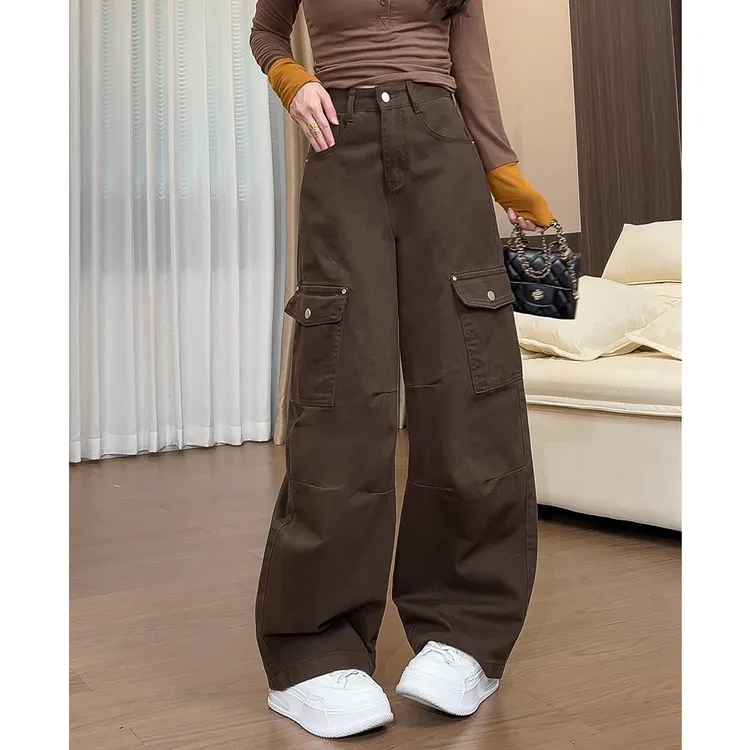 244工装弯刀牛仔裤女早秋新款高腰显瘦大口袋阔腿裤宽松休闲长裤