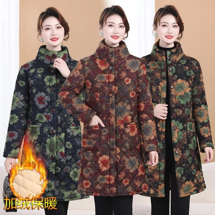 复古风中老年女装妈妈装立领加绒中长款宽松保暖棉袄冬装棉服冬装