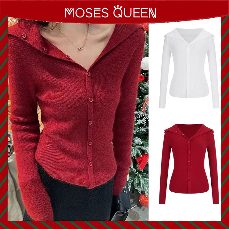 Moses Queen/魔西女王红色显白翻领圣诞毛衣针织衫V领修身上衣冬