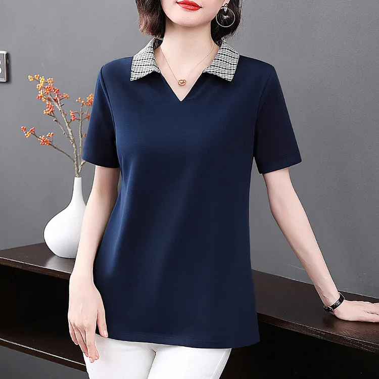 芳妮诗大码女装休闲polo领女士短袖t恤2025新款夏季有领撞色上衣