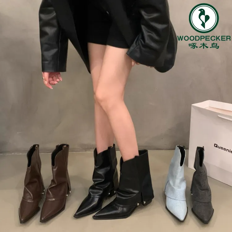 啄木鸟粗跟尖头裤管靴炸街小短靴女2025新款秋冬棕色西部牛仔靴子