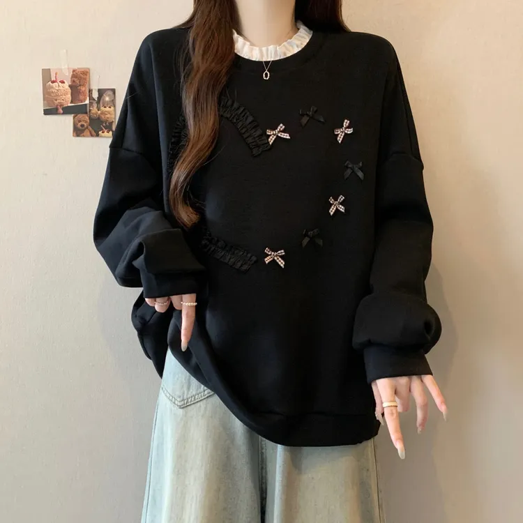 大码女装遮肚子慵懒风宽松长袖卫衣女秋冬胖妹妹显瘦爱心印花上衣