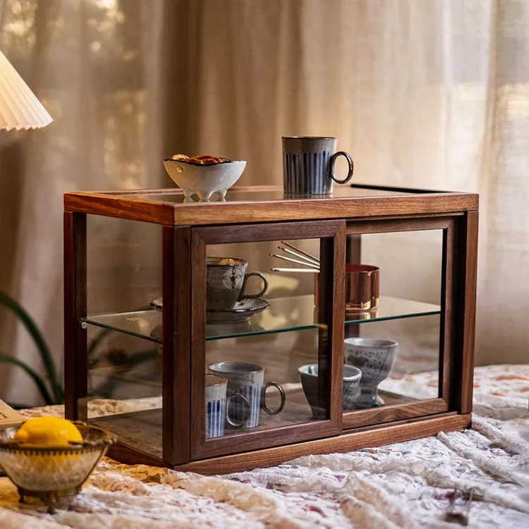 轻奢北美胡桃实木茶室储物柜茶桌侧边柜茶叶柜现代日式实木收纳柜