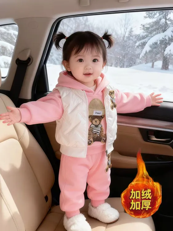 女童套装冬季2025新款儿童冬装马甲加绒加厚卫衣洋气三件套