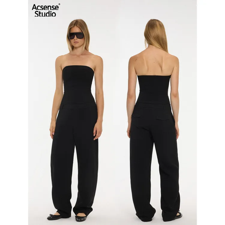 ACSENSE 高智美学蚂蚁腰修身抹胸假两件 全黑中软鱼骨连体裤