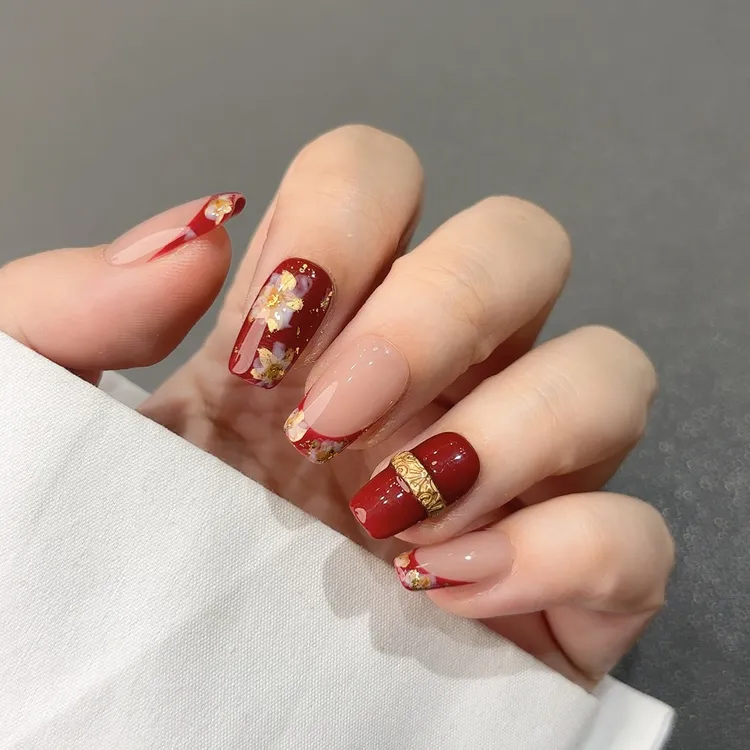 【花好月圆】秋冬显白红色复古金花短款爆闪高级感纯手工穿戴甲