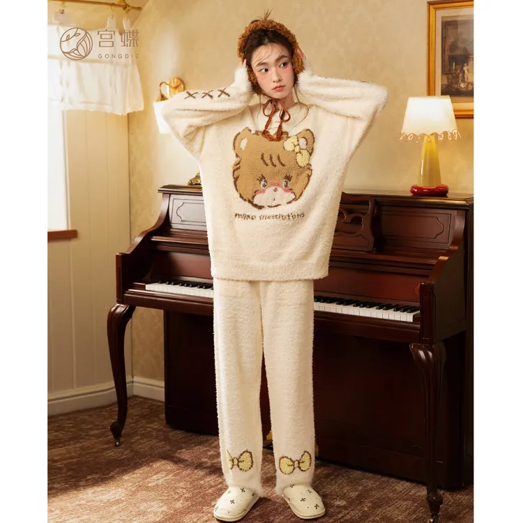 宫蝶【礼袋装】mikko睡衣女士秋冬款加厚防静电半边绒家居服套装