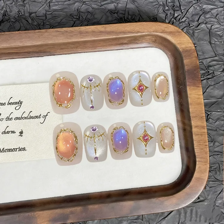 【雅典娜】女神纯手工款穿戴甲手绘玻璃珠猫眼美甲气质光疗甲贴片