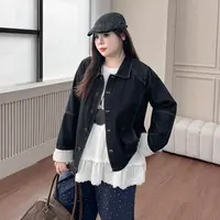 DC8257大码女装【美式街头牛仔外套】秋冬复古翻领袖口条纹拼接上衣
