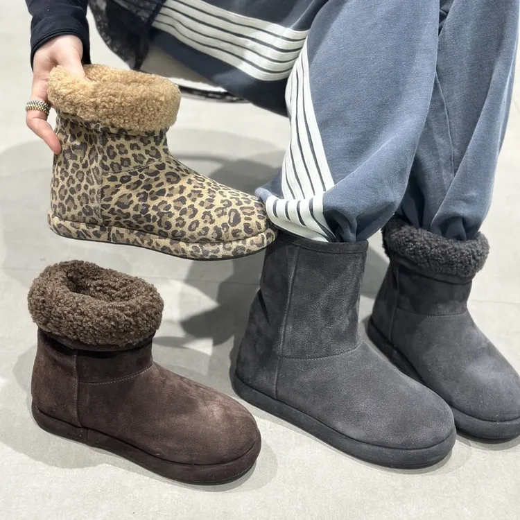 2025新款软皮厚底百搭雪地靴女圆头时尚豹纹舒适保暖羊毛棉鞋短靴