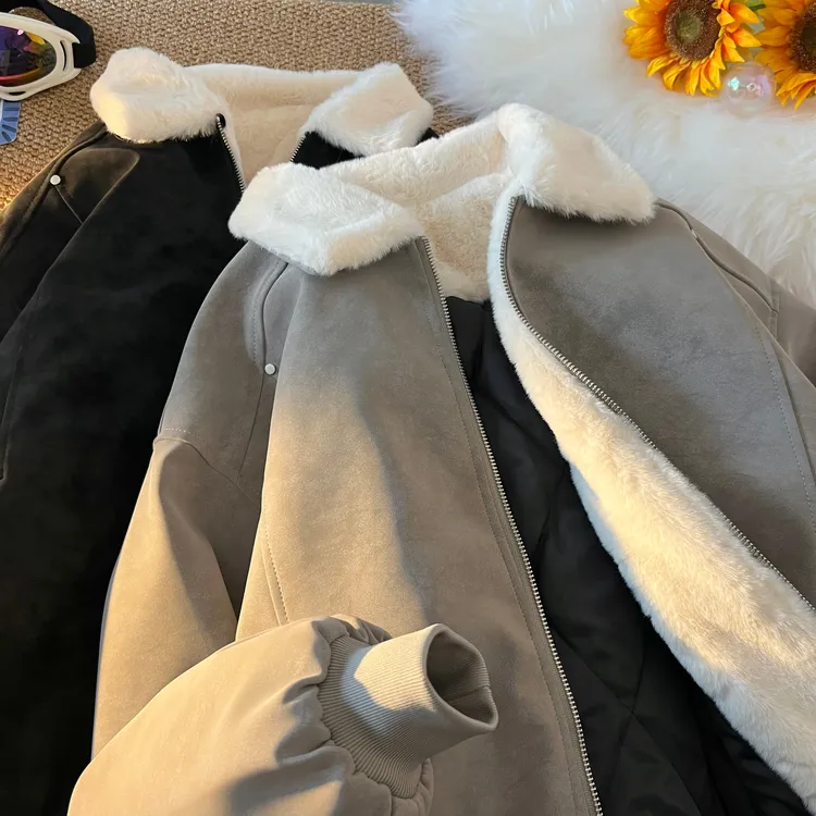 美式复古毛绒翻领夹克男士秋冬季新款加厚保暖棉服仿羊羔绒外套