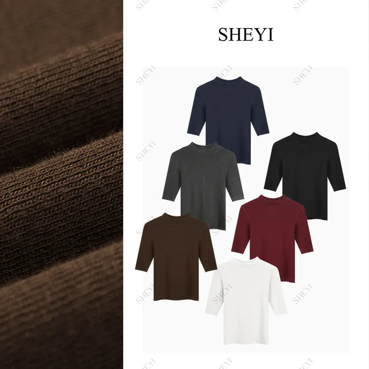 2025秋款羊毛半高领中袖T恤女百搭五分袖修身显瘦打底衫女上衣