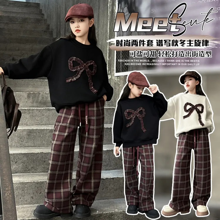 女童秋冬新款韩系格子蝴蝶结卫衣套装中大童女孩加绒休闲裤两件套