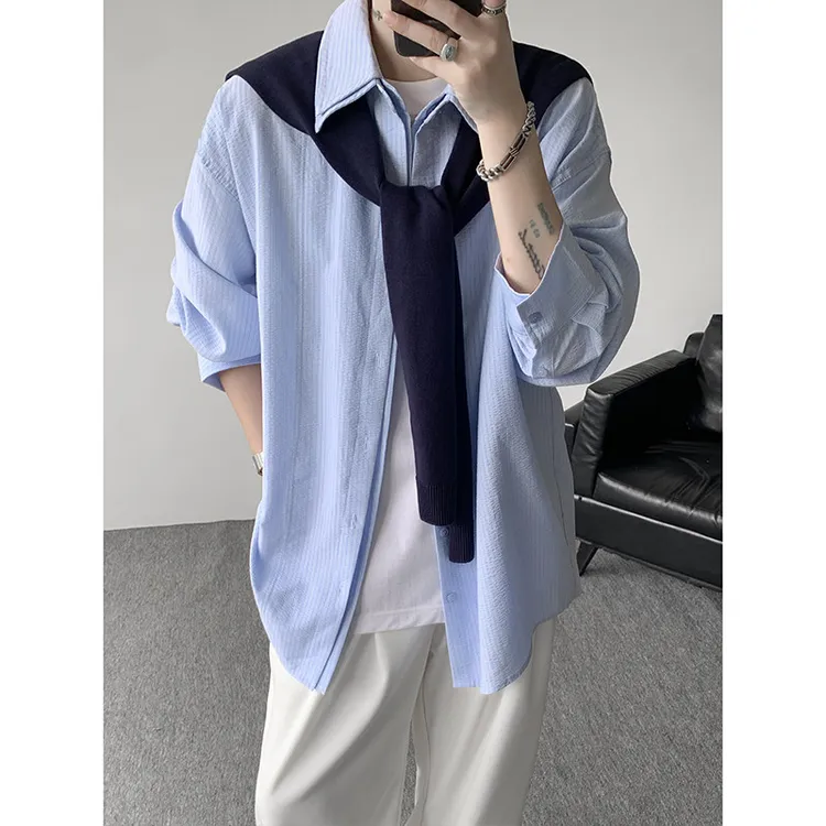 韩版条纹翻领带披肩衬衫男款秋季新款宽松长袖衬衣高级感休闲外套