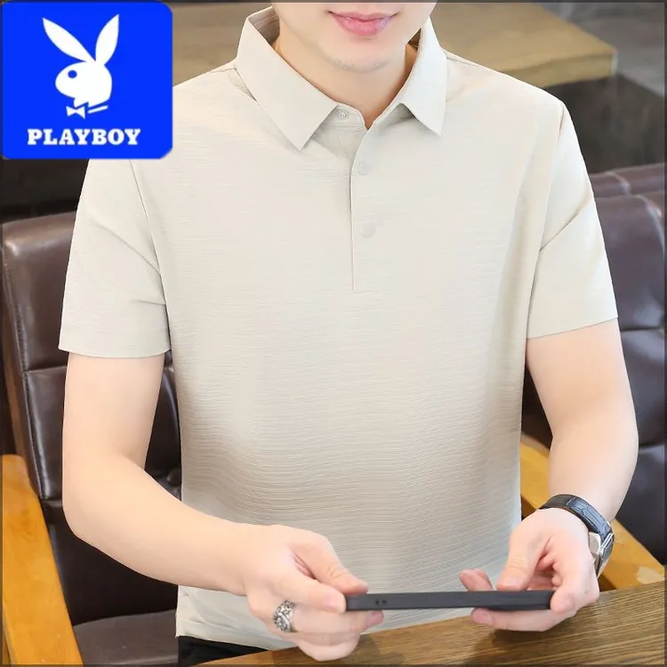 PLAYBOY花花公子POLO衫男夏季薄款新款韩版修身休闲纯色凉感冰丝