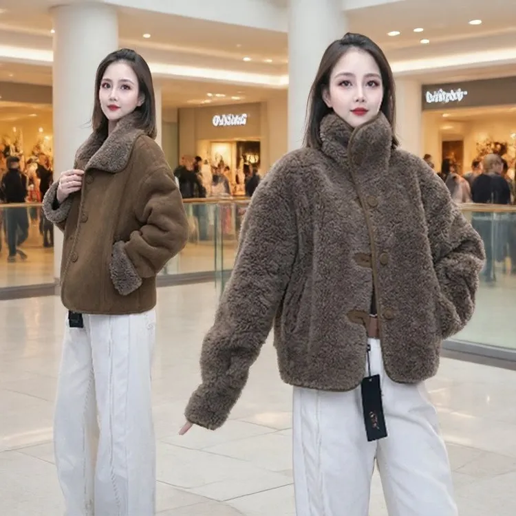 【臻美专属】现货羊毛外套女秋冬加绒加厚短款皮毛一体羊剪绒大衣