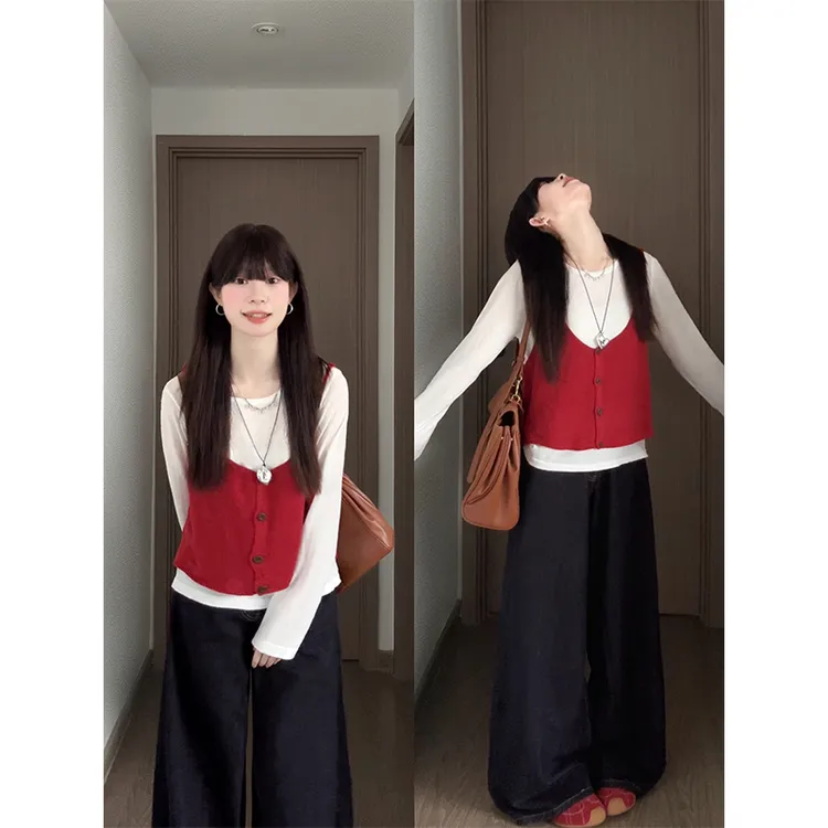 MARIE.COCO秋季新款韩系内搭打底衫叠穿红色背心阔腿牛仔裤套装女