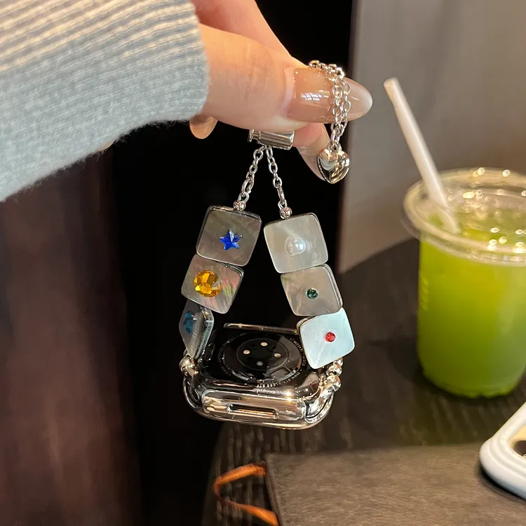 适用苹果手表iwatchS10表带applewatch星游宝石串珠链式彩色镶钻