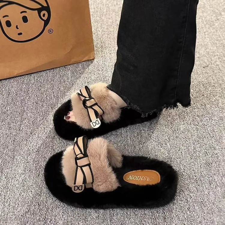 2025名媛爆款加厚毛毛拖鞋平底耐脏百搭防滑防臭棉家居拖鞋爆款鞋