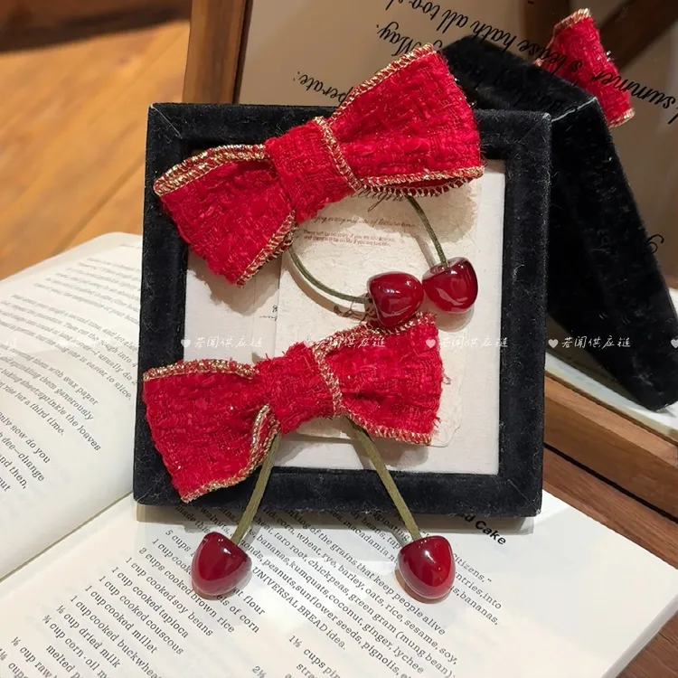 喜庆新年红色樱桃蝴蝶结发夹边夹侧边碎发刘海夹女高级感发卡夹子