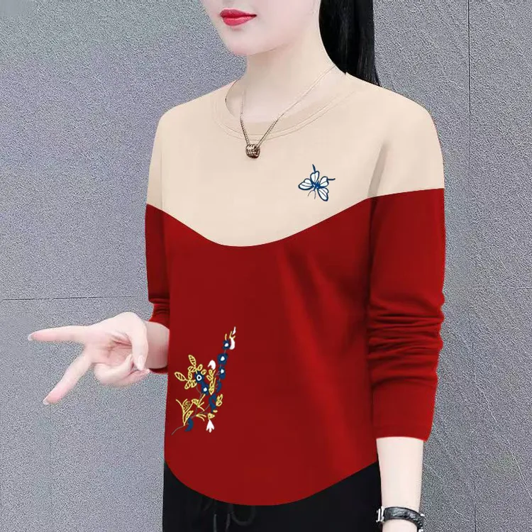 春秋新款100%纯棉长袖T恤女时尚休闲显瘦插色落肩圆领女士宽松t恤