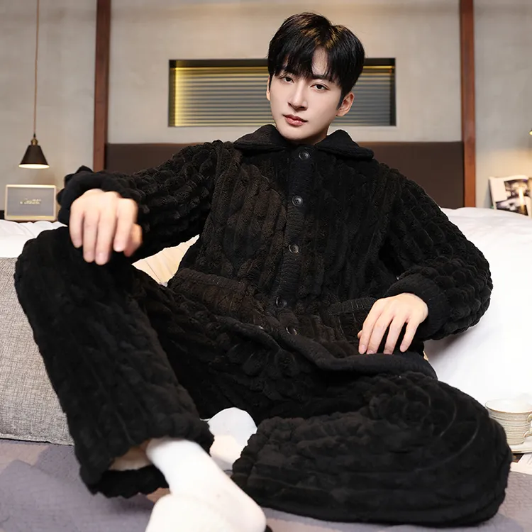 【黑色抽条】珊瑚绒睡衣男士冬季加厚加绒三层夹棉袄保暖家居服套装