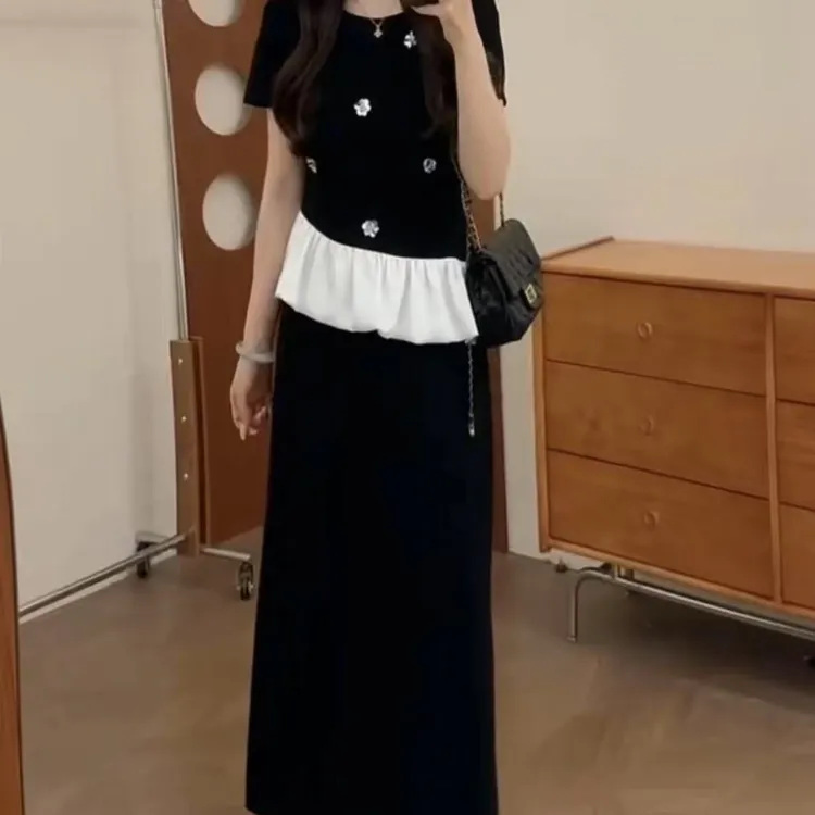 2025大码女装花朵钉珠圆领短袖上衣半身裙两件套