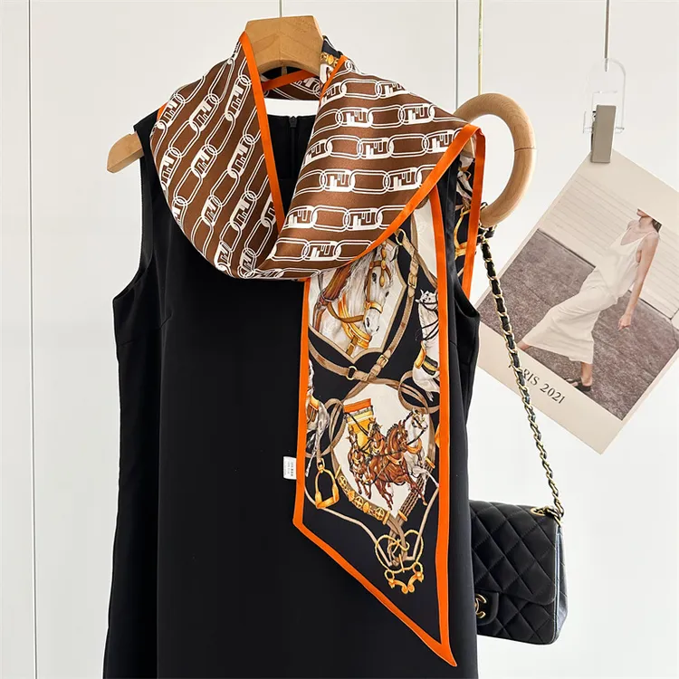 骏马桔边100%桑蚕丝12姆米素绉缎双面长条丝巾飘带