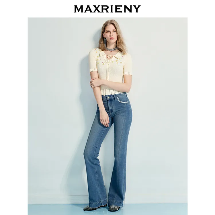 MAXRIENY2025秋季精致优雅感蕾丝花边微喇莱赛尔高腰牛仔裤