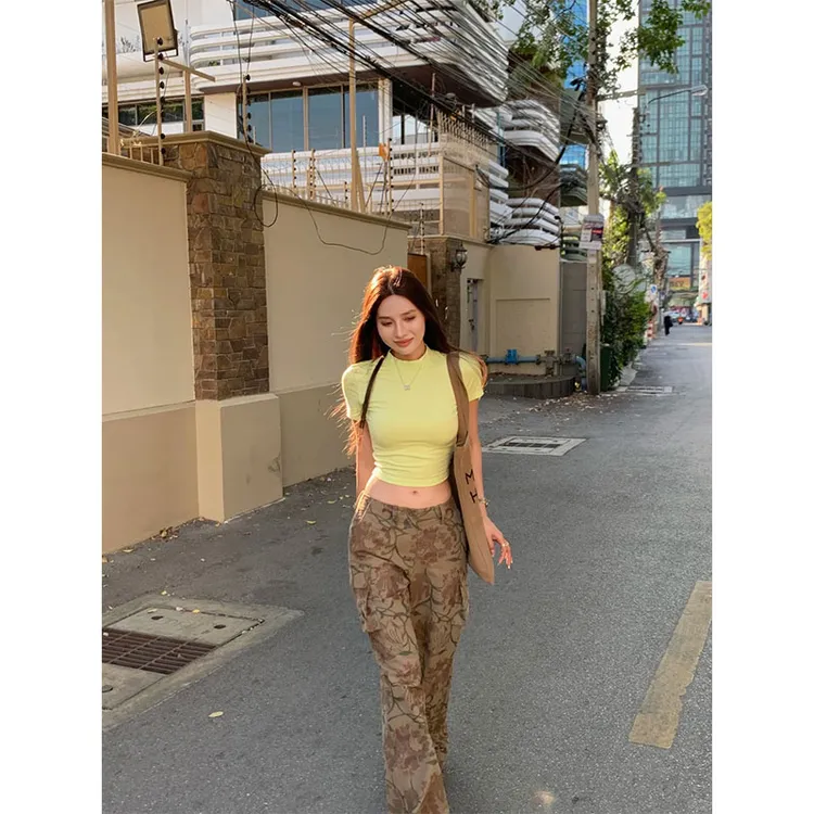 2025新款休闲百搭气质多巴胺穿搭短款T恤上衣高腰显瘦印花裤子女