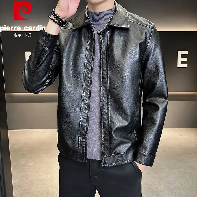 皮尔卡丹上衣皮夹克PU皮衣软皮男士秋冬轻商务休闲立领百搭外套