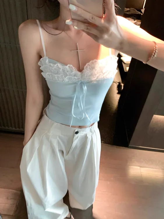 纯欲带胸垫蕾丝花边吊带背心女夏甜辣妹外穿内搭显瘦打底美背上衣