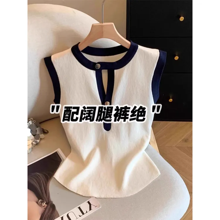 法式高端镂空冰丝针织无袖T恤女2025新款爆款夏季高级感无袖上衣