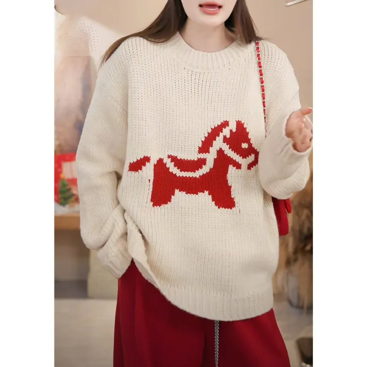  韩系慵懒风小马提花圆领宽松毛衣女秋冬新款休闲时尚显瘦针织衫