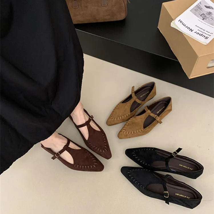 复古绒面浅口欧美风玛丽珍鞋一字扣单鞋懒人鞋百搭软底尖头女鞋