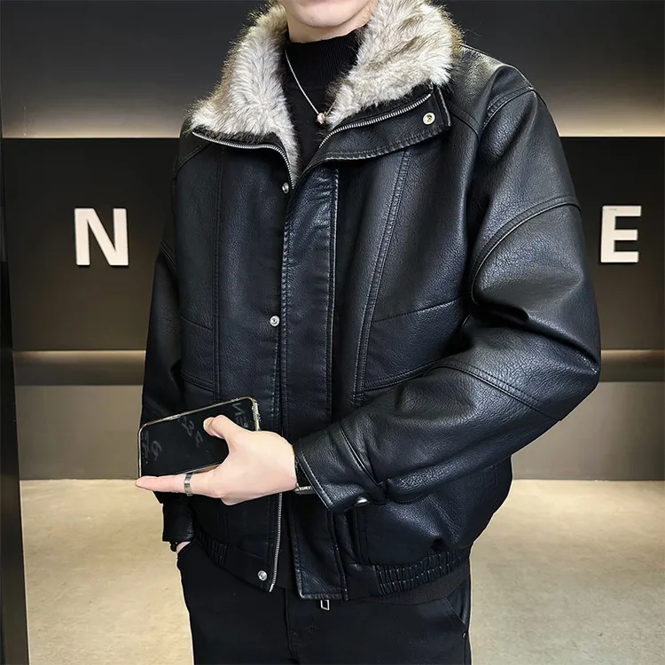 座山雕皮衣外套男翻领加绒加厚保暖真毛领高端皮衣服冬季皮夹克男