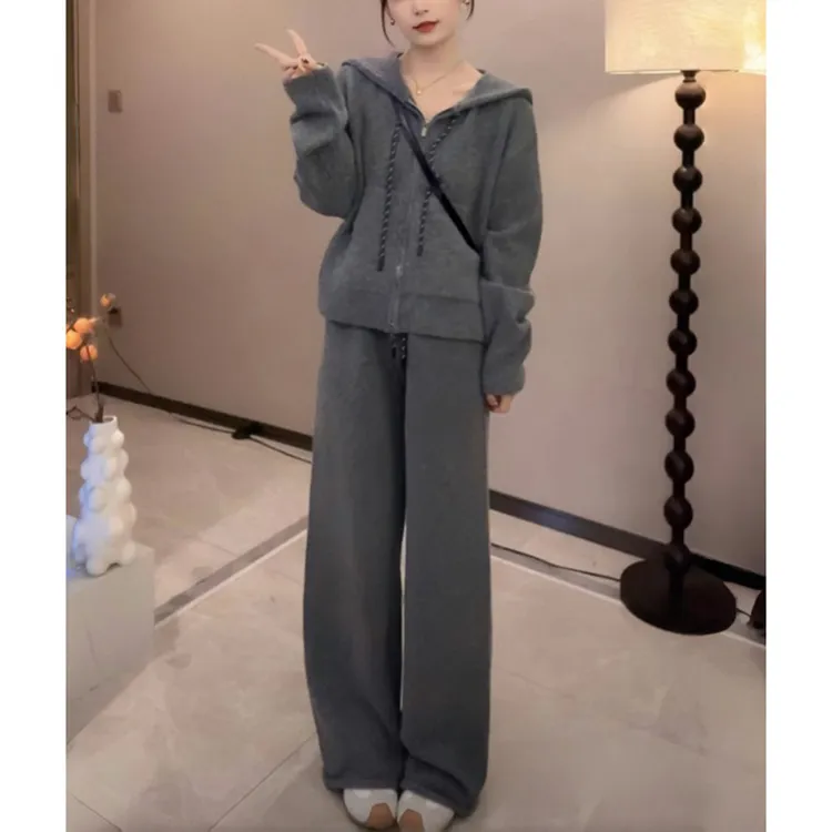 羊毛混纺慵懒套装女秋冬款连帽针织衫外套上衣阔腿长裤休闲两件套