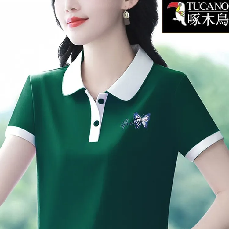 啄木鸟中年妈妈减龄翻领短袖上衣2025新款夏季百搭舒适亲肤T恤女