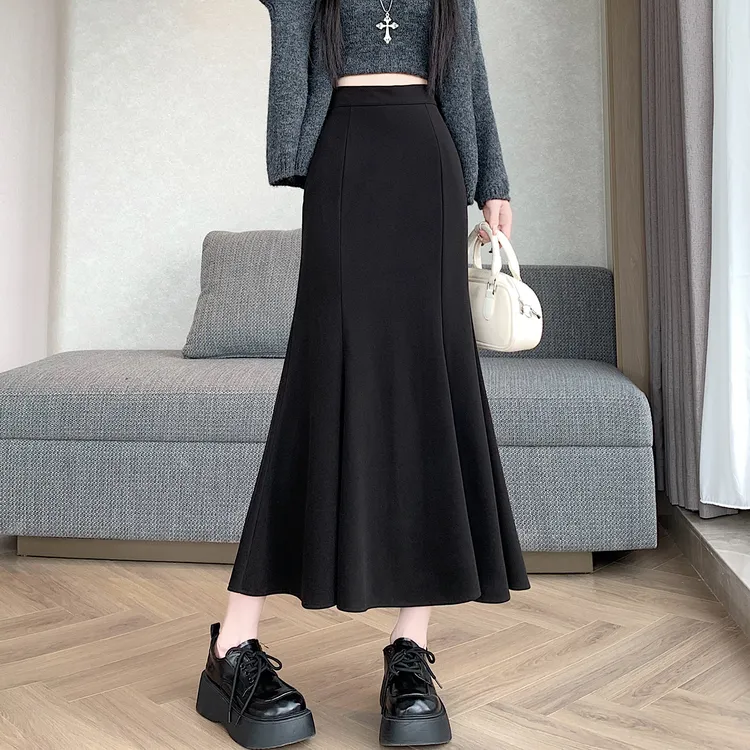 黑色毛呢半身裙女秋冬中长款高腰鱼尾包臀裙小个子百搭显瘦a字裙