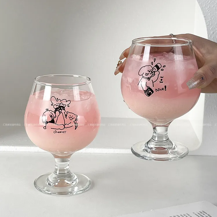 ins风玻璃杯高脚杯甜品杯果酒杯果汁杯气泡水杯原创韩式可爱小狗