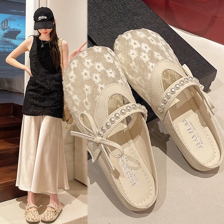 蕾丝网面透气包头半拖鞋女秋外穿2025新款法式珍珠蝴蝶结仙女凉拖