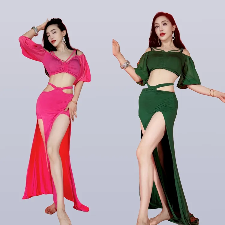 swegal肚皮舞练功服东方舞服装莫代尔拼雪纺灯笼袖加挂腰裙秋冬