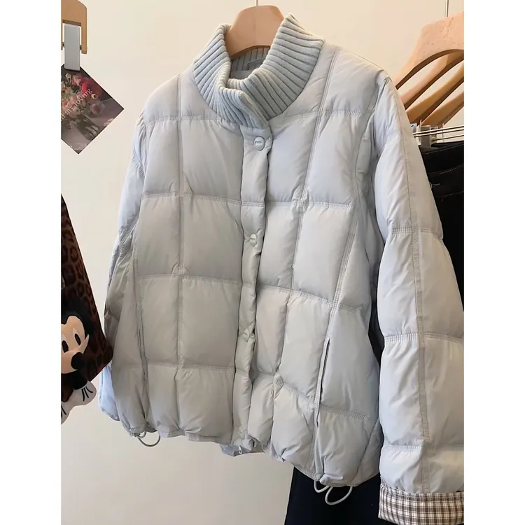 温柔减龄蓝色针织拼接立领棉服女2025冬季宽松休闲保暖面包服外套