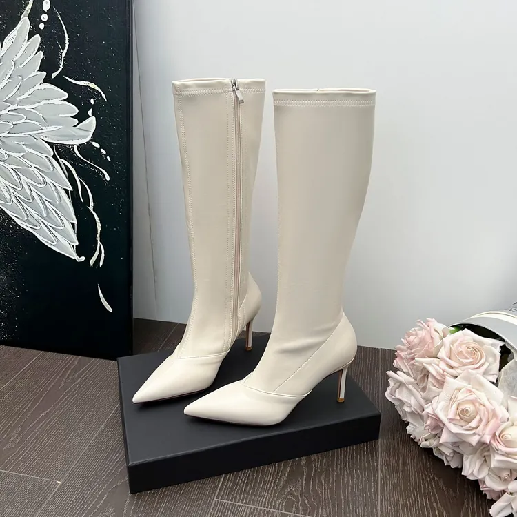 秋冬新款小个子白色靴子高跟尖头长筒靴女不过膝瘦瘦靴时尚百搭