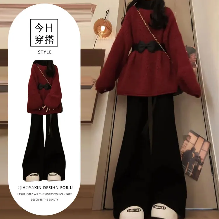 2025秋冬新款法式慵懒风穿搭收腰红色宽松长袖上衣牛仔裤两件套