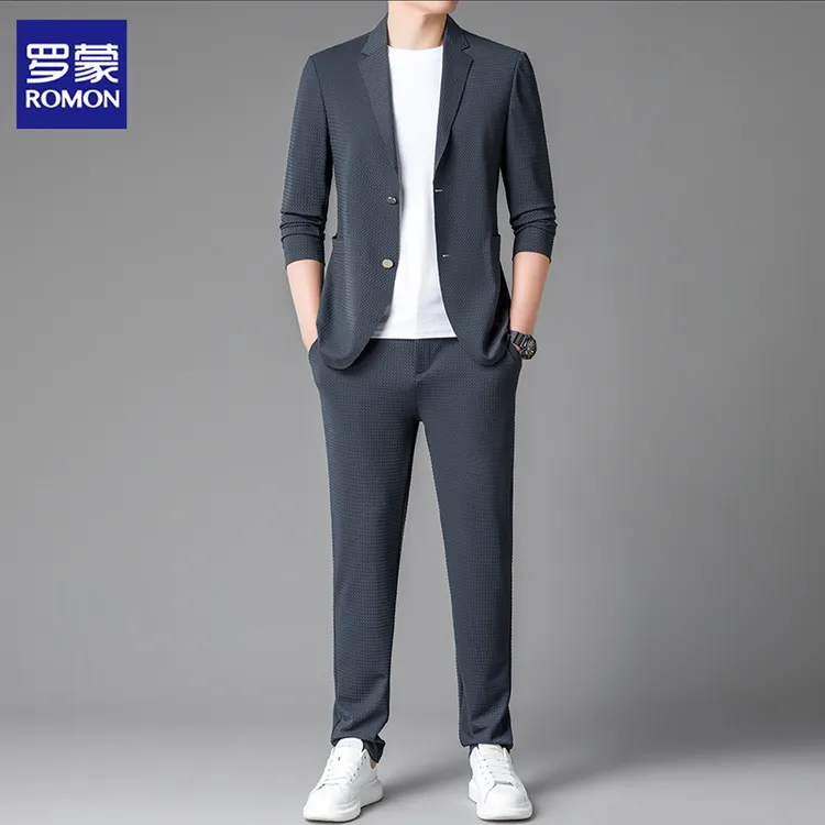 罗蒙男士西服套装英伦风两件套休闲冰丝薄款高级感修身西装西裤潮