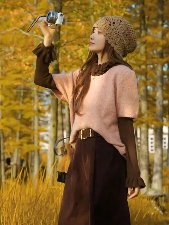 2025秋冬新款慵懒风气质花边针织衫百搭休闲洋气短袖上衣套装女装