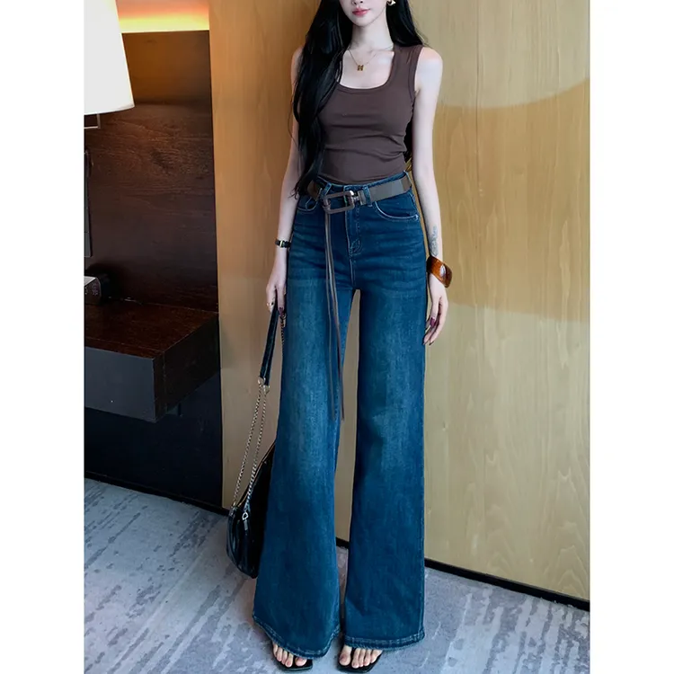 百搭复古不贴腿微喇牛仔裤女2025早秋新款高腰宽松弹力显瘦拖地裤