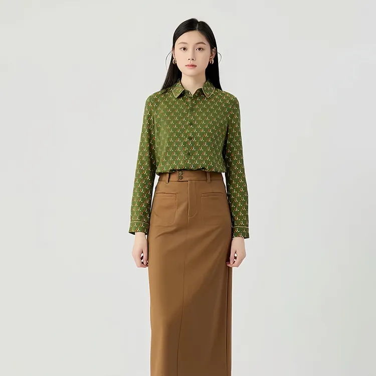 GIRDEAR/哥弟新款气质长袖时尚深设计师印花通勤休闲衬衫女130073
